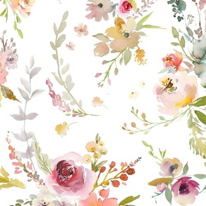 26” Meadow Floral - white - watercolor floral wallpaper - large scale flowers