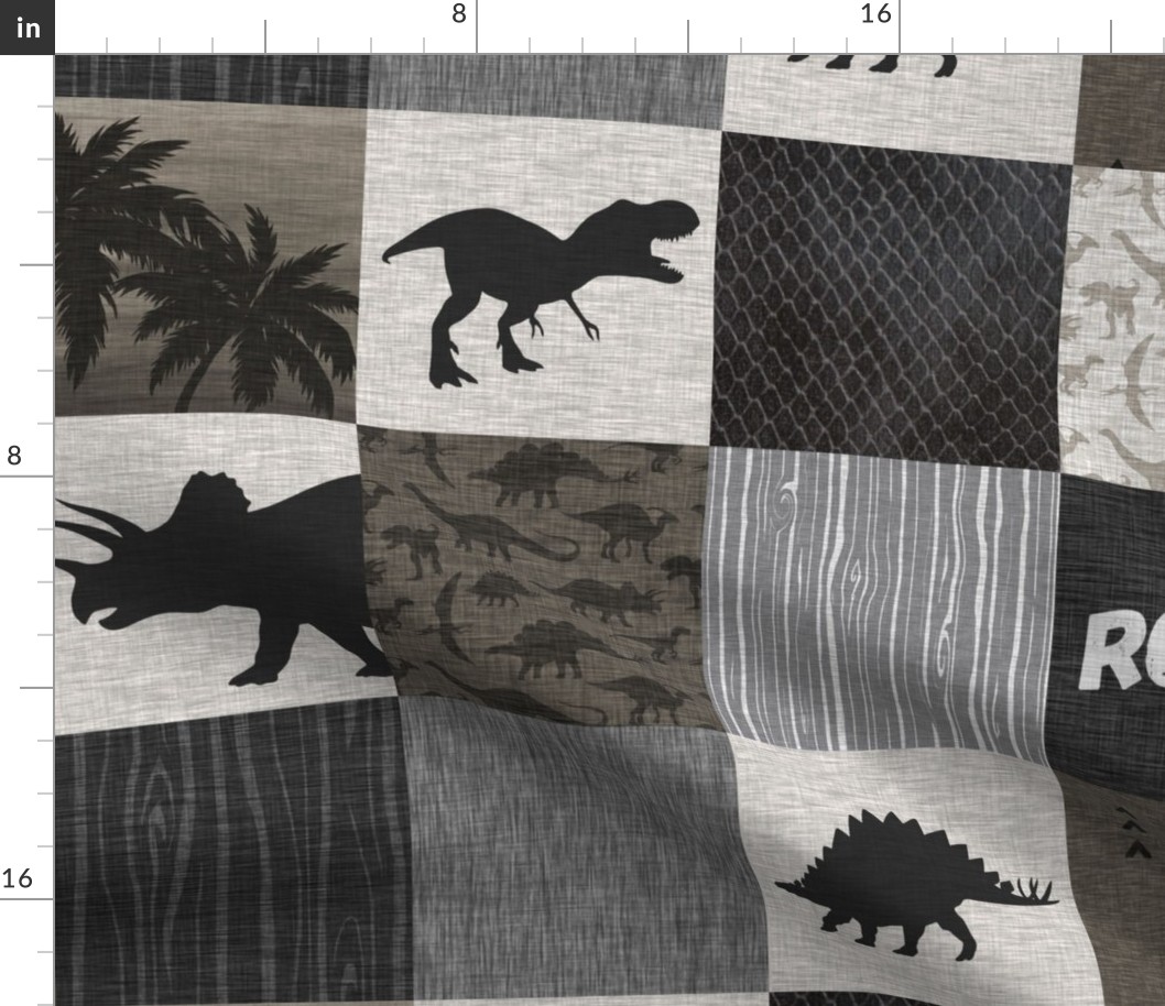 Dinosaur Roar Patchwork- brown and grey