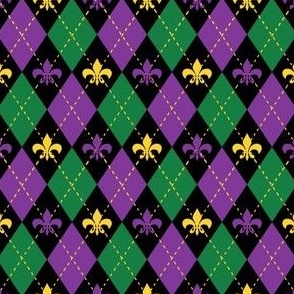 mardi gras argyle - mardi gras argyle fabric - fleur de lis fabric - purple and gold fabric -black