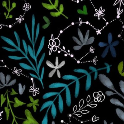 Medium. Floral zodiac constellations. Astrology  & astronomy flowers design. Night sky botanical pattern.