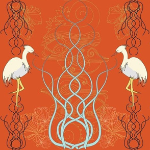 Art Nouveau Crane, Heron, Egret bird on orange