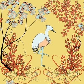Art Nouveau Crane, Heron, Egret bird on gold