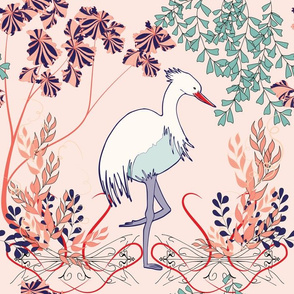 Art Nouveau Crane, Heron, Egret bird on Pink 