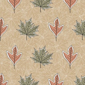 Green and Orange Leaves on Beige