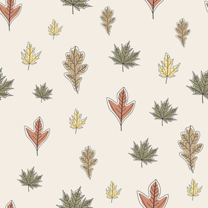 Brown, Gold and Green Leaves On Beige