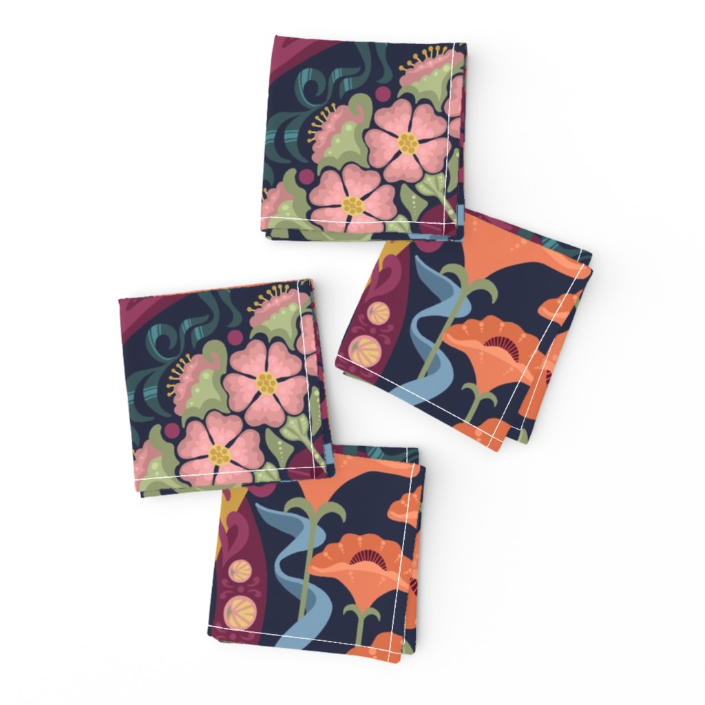 Art Nouveau Poppies in Dark Blue and Orange