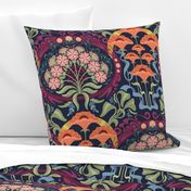 Art Nouveau Poppies in Dark Blue and Orange