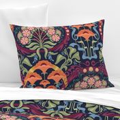 Art Nouveau Poppies in Dark Blue and Orange