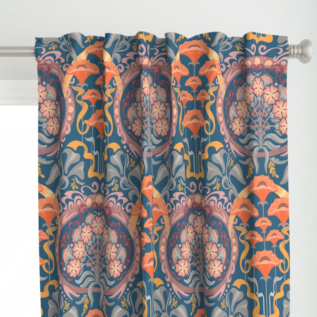 Art Nouveau Poppies in Gray Blue and Orange