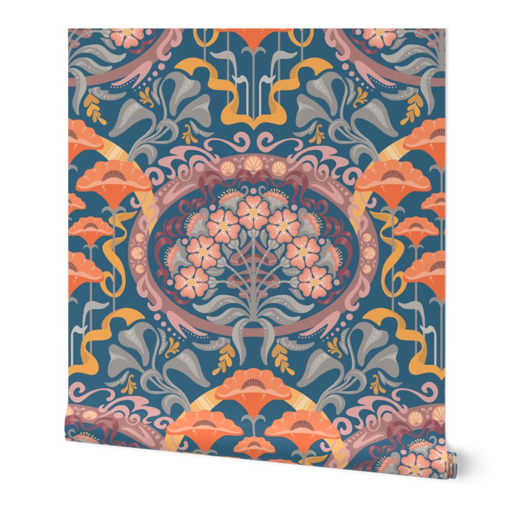 Art Nouveau Poppies in Gray Blue and Orange