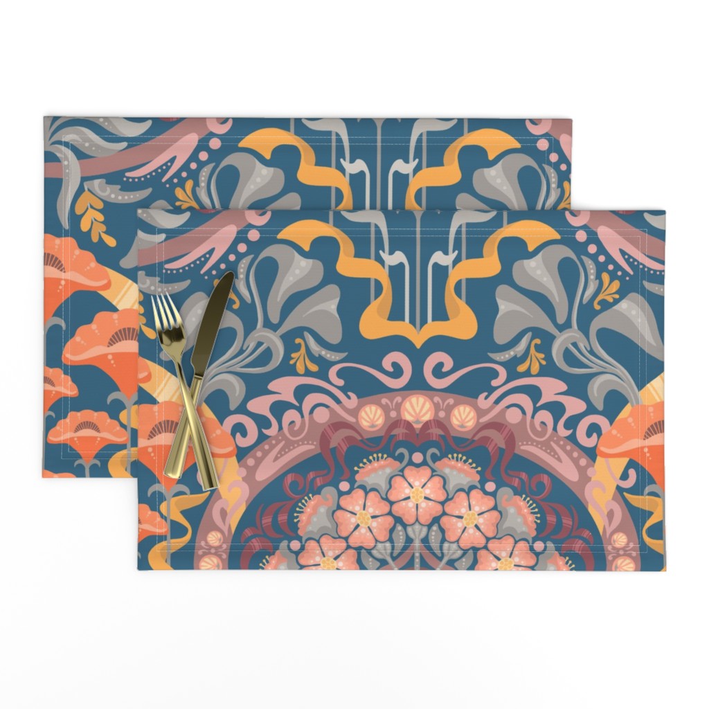 Art Nouveau Poppies in Gray Blue and Orange