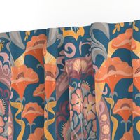 Art Nouveau Poppies in Gray Blue and Orange