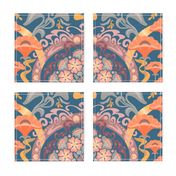 Art Nouveau Poppies in Gray Blue and Orange