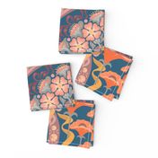 Art Nouveau Poppies in Gray Blue and Orange