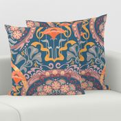 Art Nouveau Poppies in Gray Blue and Orange