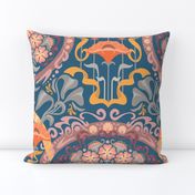 Art Nouveau Poppies in Gray Blue and Orange