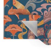 Art Nouveau Poppies in Gray Blue and Orange