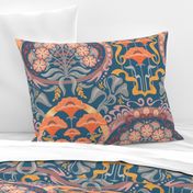 Art Nouveau Poppies in Gray Blue and Orange