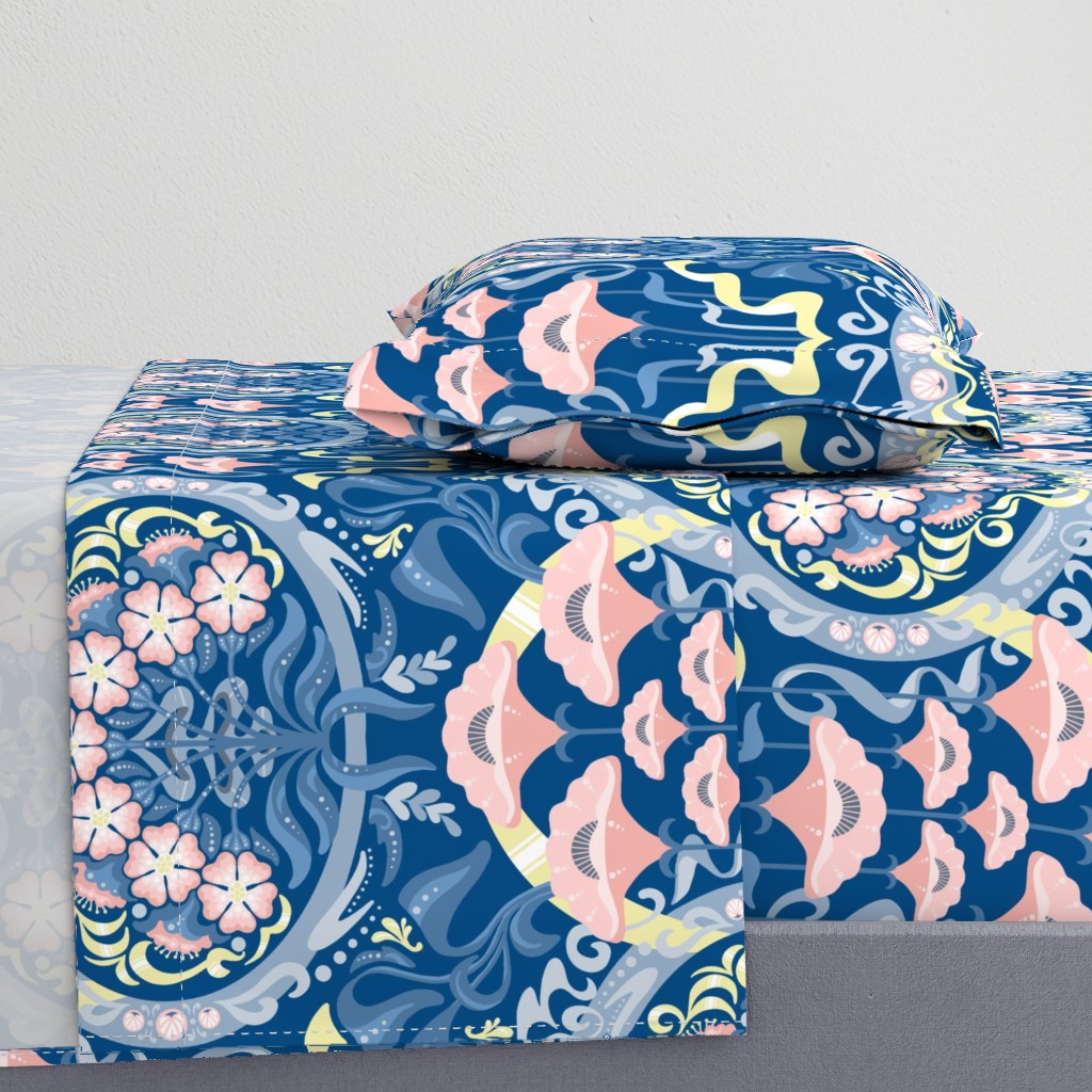 Art Nouveau Poppies in Classic Blue and Pink