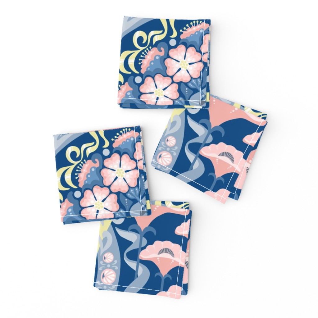 Art Nouveau Poppies in Classic Blue and Pink