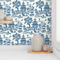 Chinoiserie pagoda Blue On White small