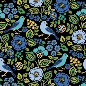 Blue Bird Floral on Black Small