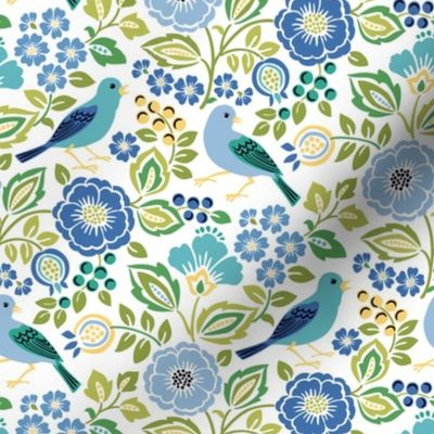 Blue Bird Floral on White Small