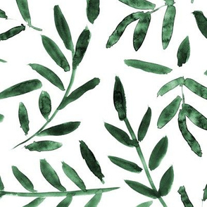 Deep emerald watercolor leaves ★ painted branches for modern home decor, bedding, nursery