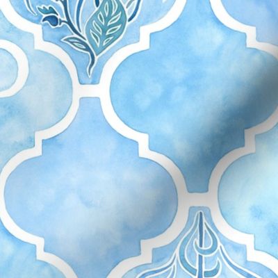 Watercolor Arabesque Tiles with Art Nouveau Focal Designs