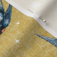 4 inch blue swallow bird in stars on gold mustard ochre, hand-painted, hand-drawn, magic, wizard, unisex 