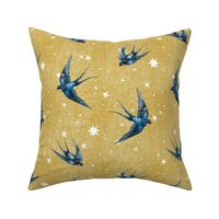 4 inch blue swallow bird in stars on gold mustard ochre, hand-painted, hand-drawn, magic, wizard, unisex 
