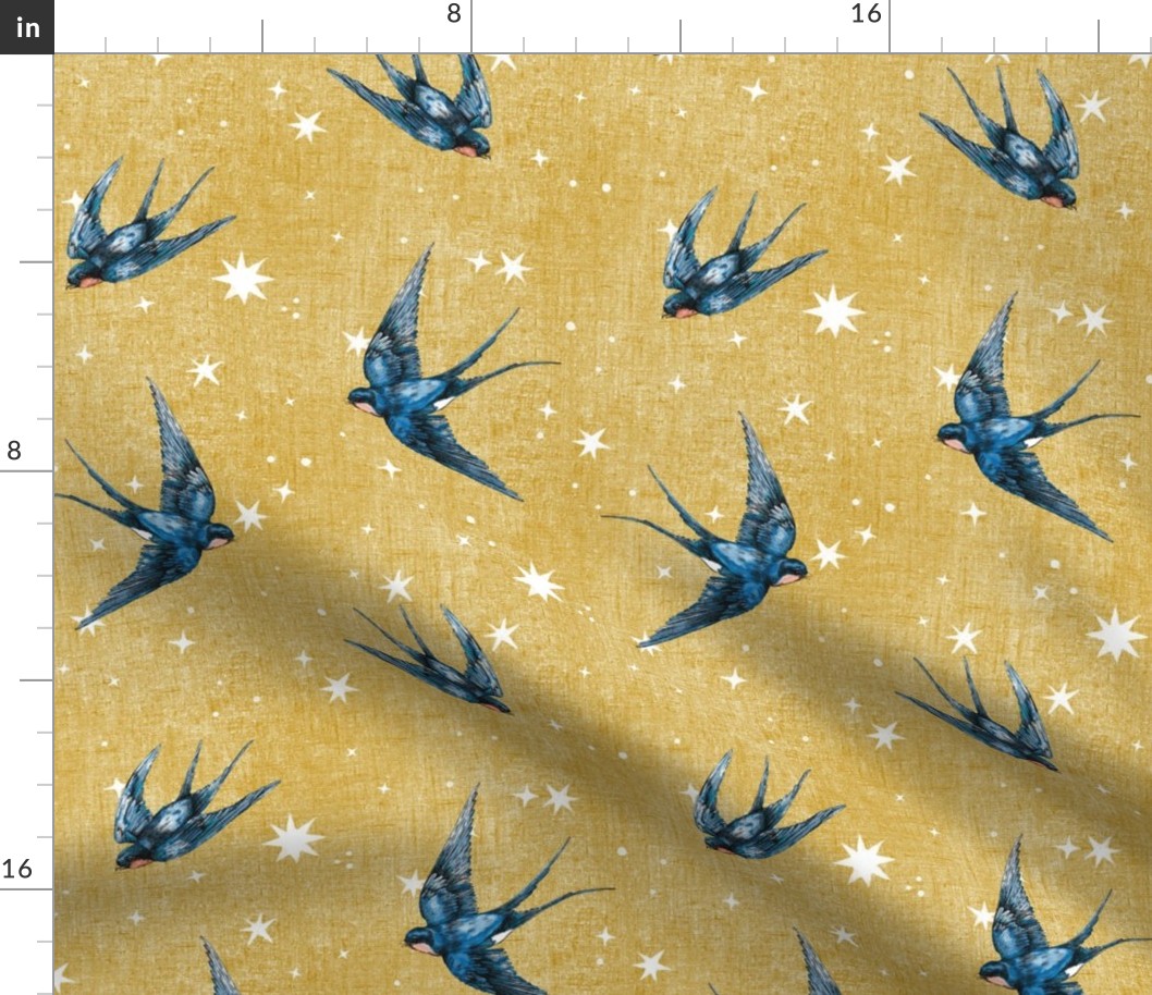 4 inch blue swallow bird in stars on gold mustard ochre, hand-painted, hand-drawn, magic, wizard, unisex 