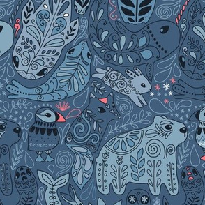 Arctic ornament animals pattern on blue. Polar bear, puffin, owl, fox, rabbit, whale, narwhal. 