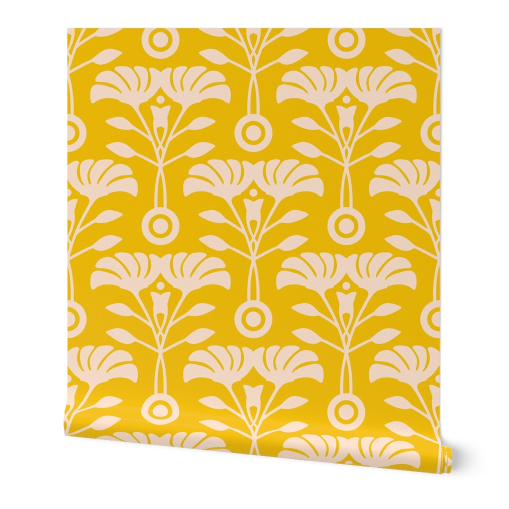 Art Nouveau Retro Vintage Floral Cottage Botanical in Ecru Cream on Bright Yellow - LARGE Scale - UnBlink Studio by Jackie Tahara