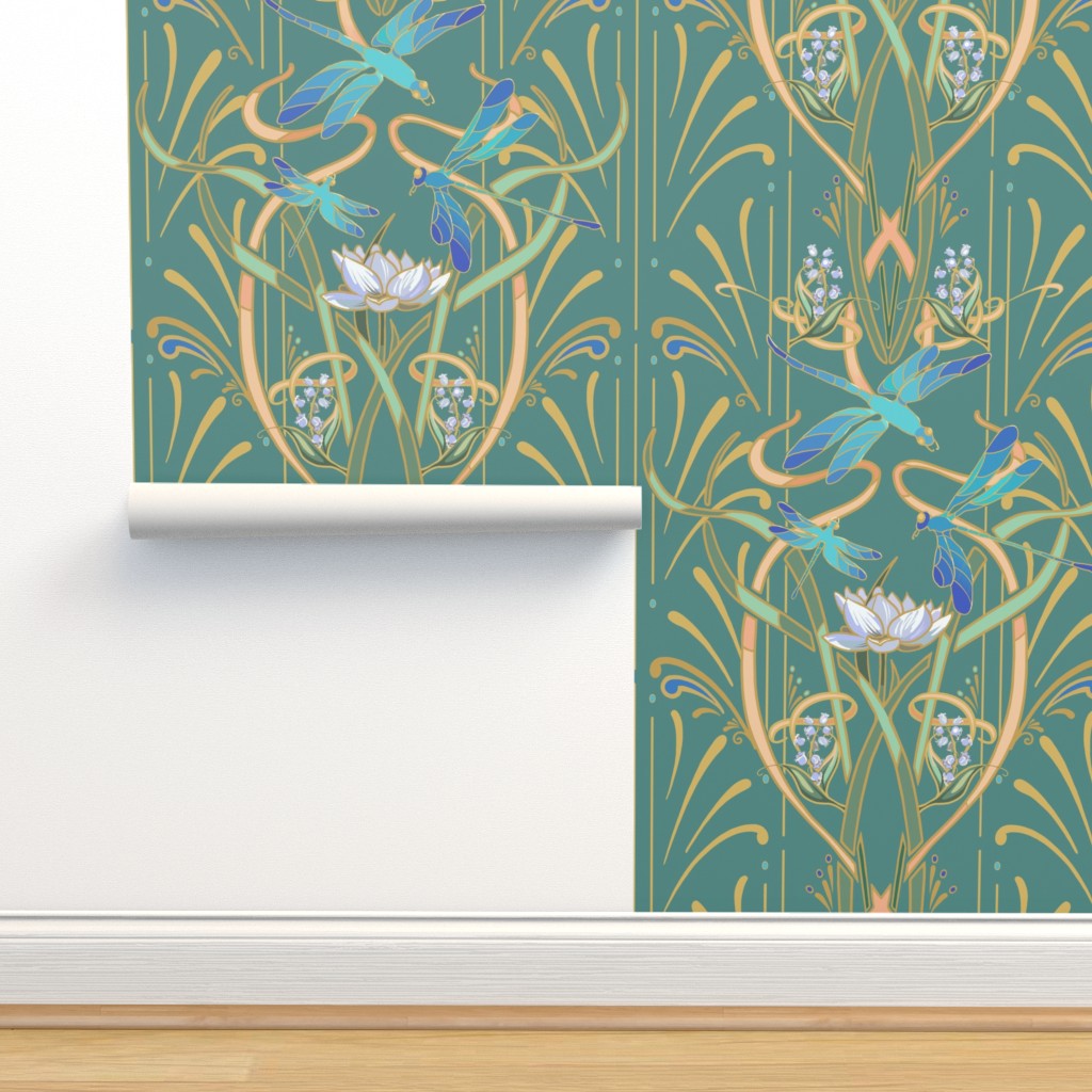 Art Nouveau Dragonflies Med Cool Green Wallpaper Spoonflower