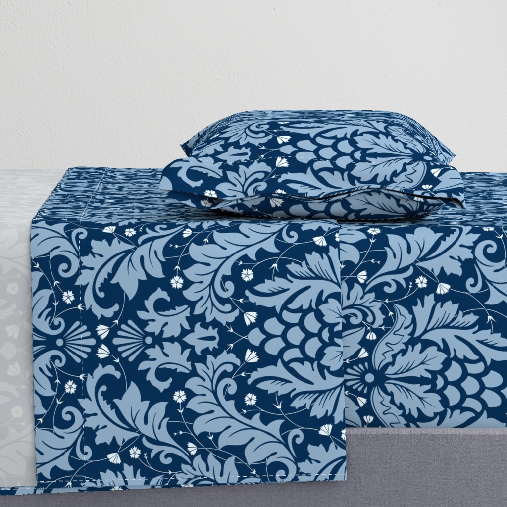 Large Scale Acanthus Damask in Blues