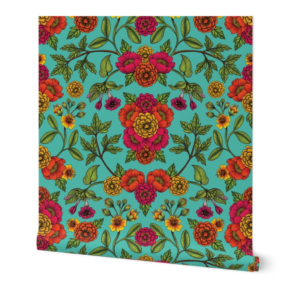 Vibrant Boho Flowers - Turquoise, Magenta, Orange & Yellow Floral Pattern