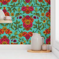 Vibrant Boho Flowers - Turquoise, Magenta, Orange & Yellow Floral Pattern