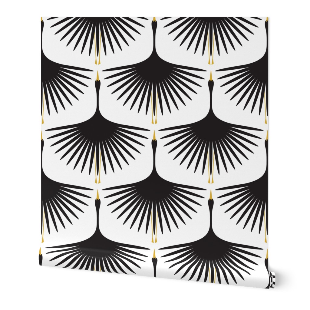 Art Deco Swans - Black on White - 12" Wallpaper Wingspan