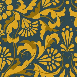 Gold and Blue Nouveau Damask Sunflowers