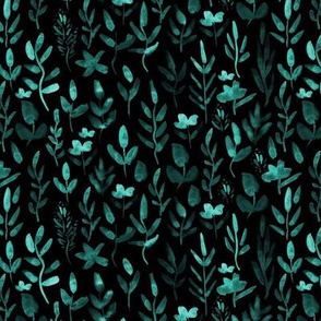 Fairytale emerald meadow on black ★ watercolor flowers and plants for modern nursery