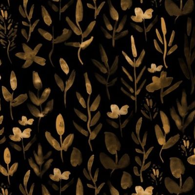 Fairytale meadow in gold on black ★ hand painted flowers and plants for neutral modern nursery