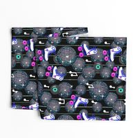 Disco Ball Invasion at the Roller Rink/ Retro 80's Blue Hot Pink Aqua on Black     
