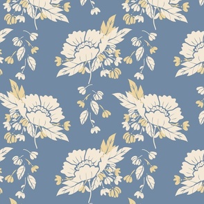 Peony Garden Cream/Gold Flowers on Blue Faded Denim Wallpaper