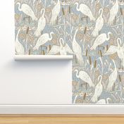 No.4.custom "watching cranes" with light blue-large- 19"fabric 28"wallpaper