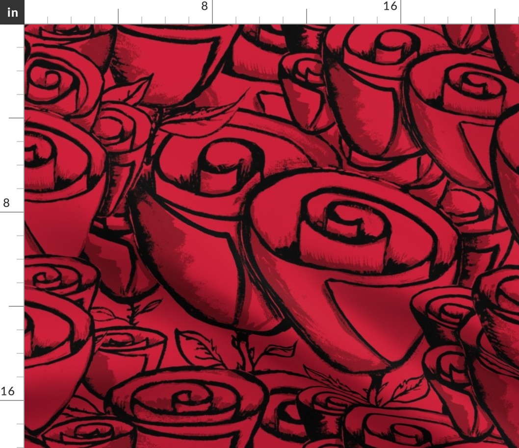 hand painted funky quirky roses, large scale, red and black