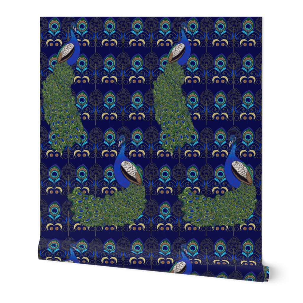 Art nouveau peacock-navy blue wallpaper