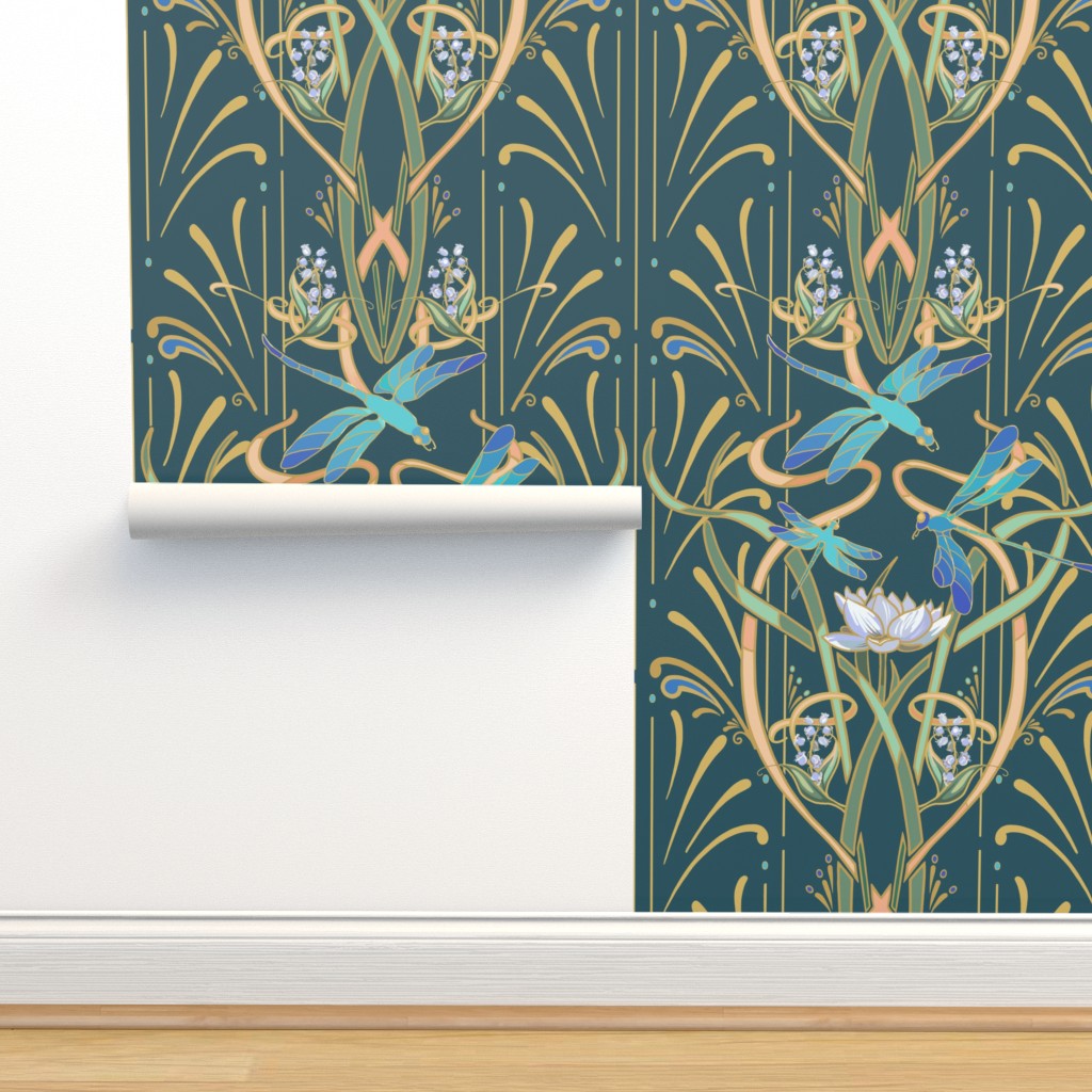 Art Nouveau Dragonflies Deep Teal Wallpaper Spoonflower