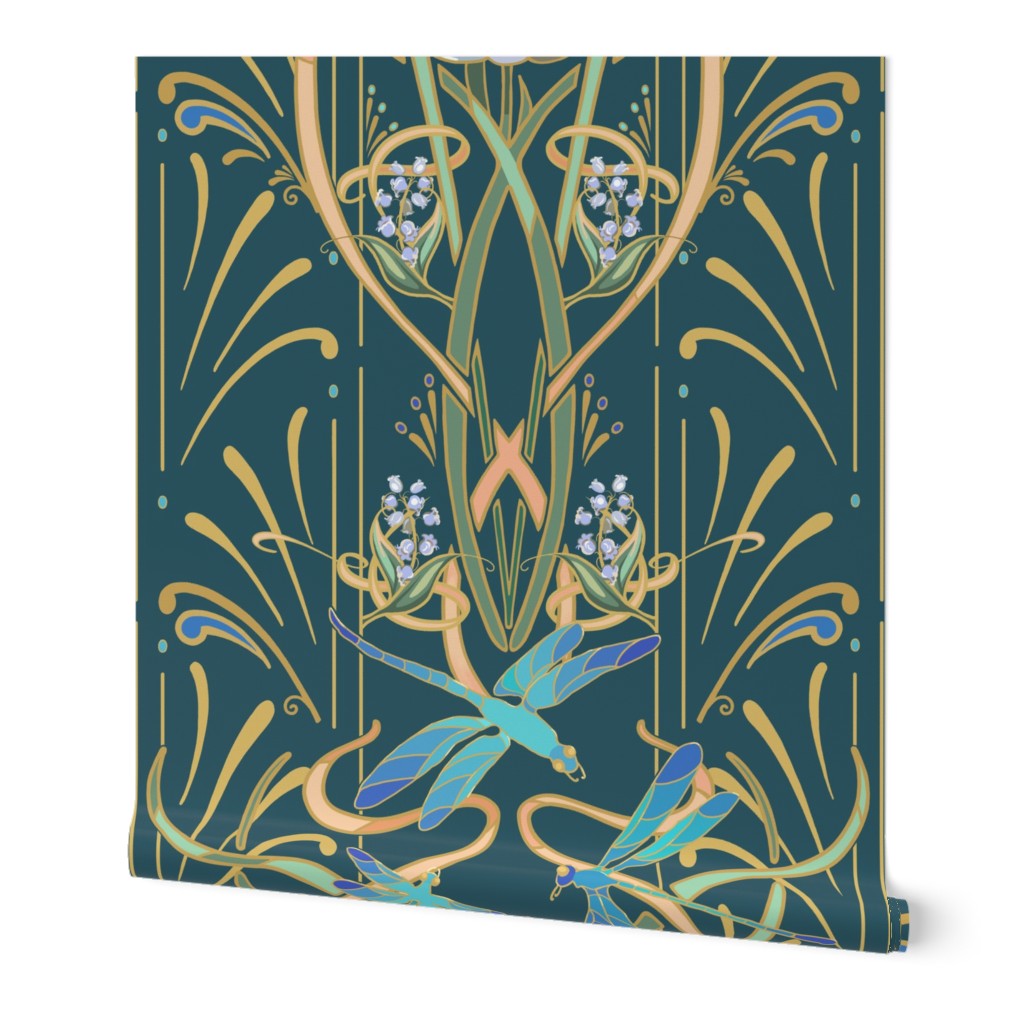 Art Nouveau Dragonflies | Deep Teal Green