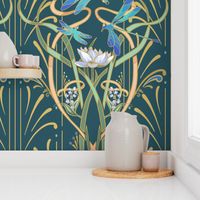 Art Nouveau Dragonflies | Deep Teal Green